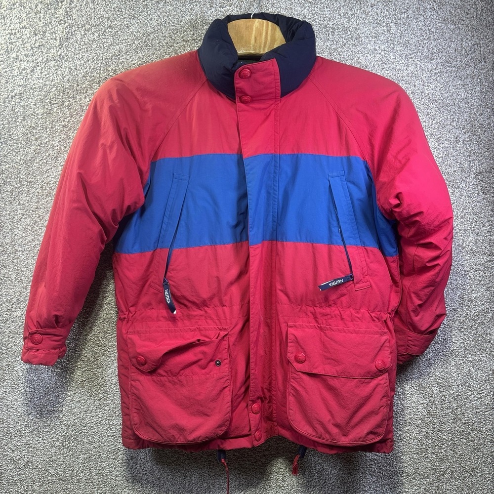 Vintage Nautica Jacket Mens M Red Blue Down Parka Elastic‎ Waist Logo Collar 90s